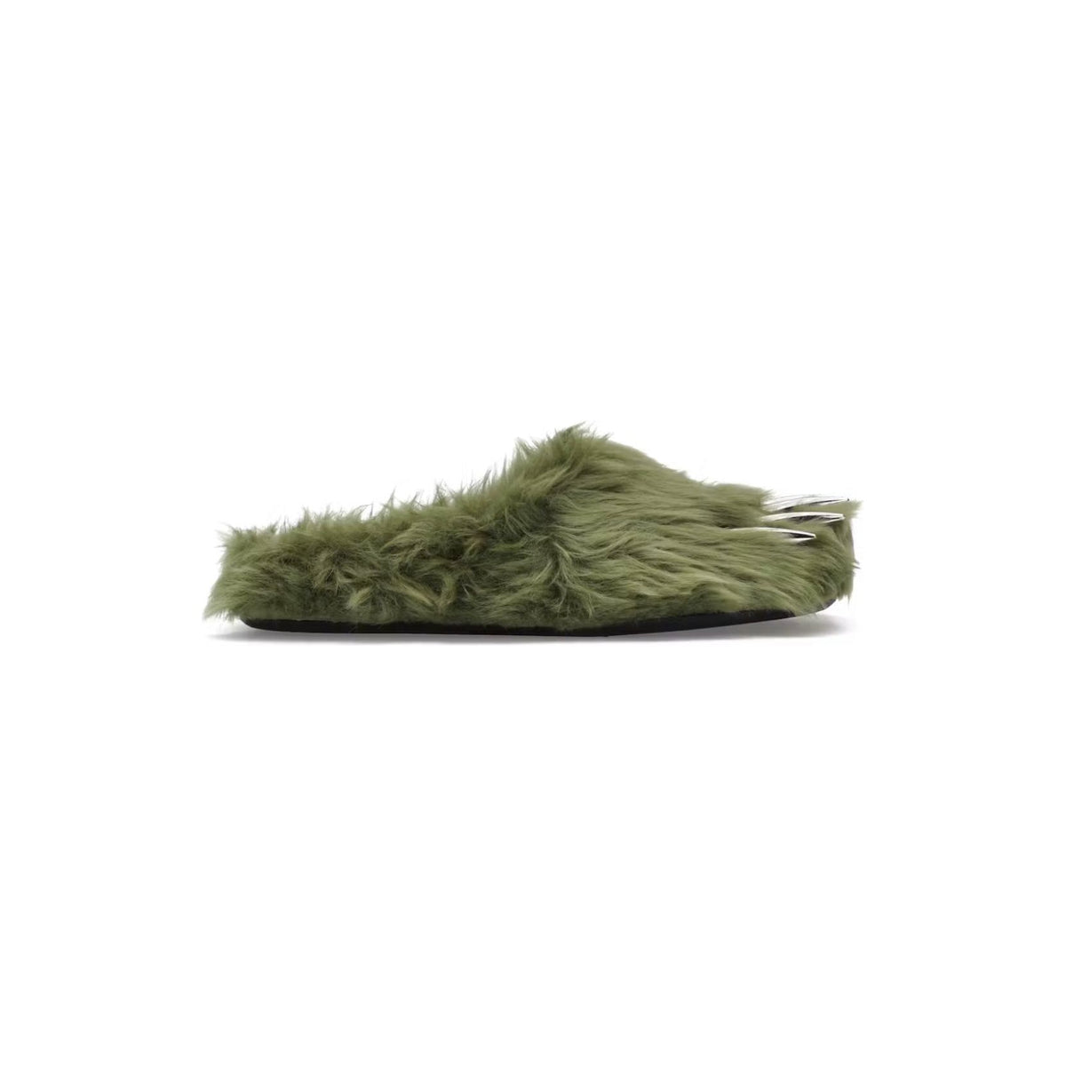 Bravest Studio green shaggy fur mule, featuring metallic 'bear claws' at the toe.