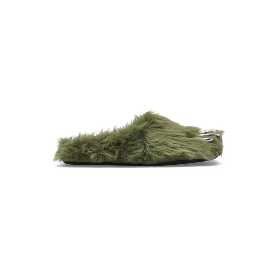 Bravest Studio green shaggy fur mule, featuring metallic 'bear claws' at the toe.