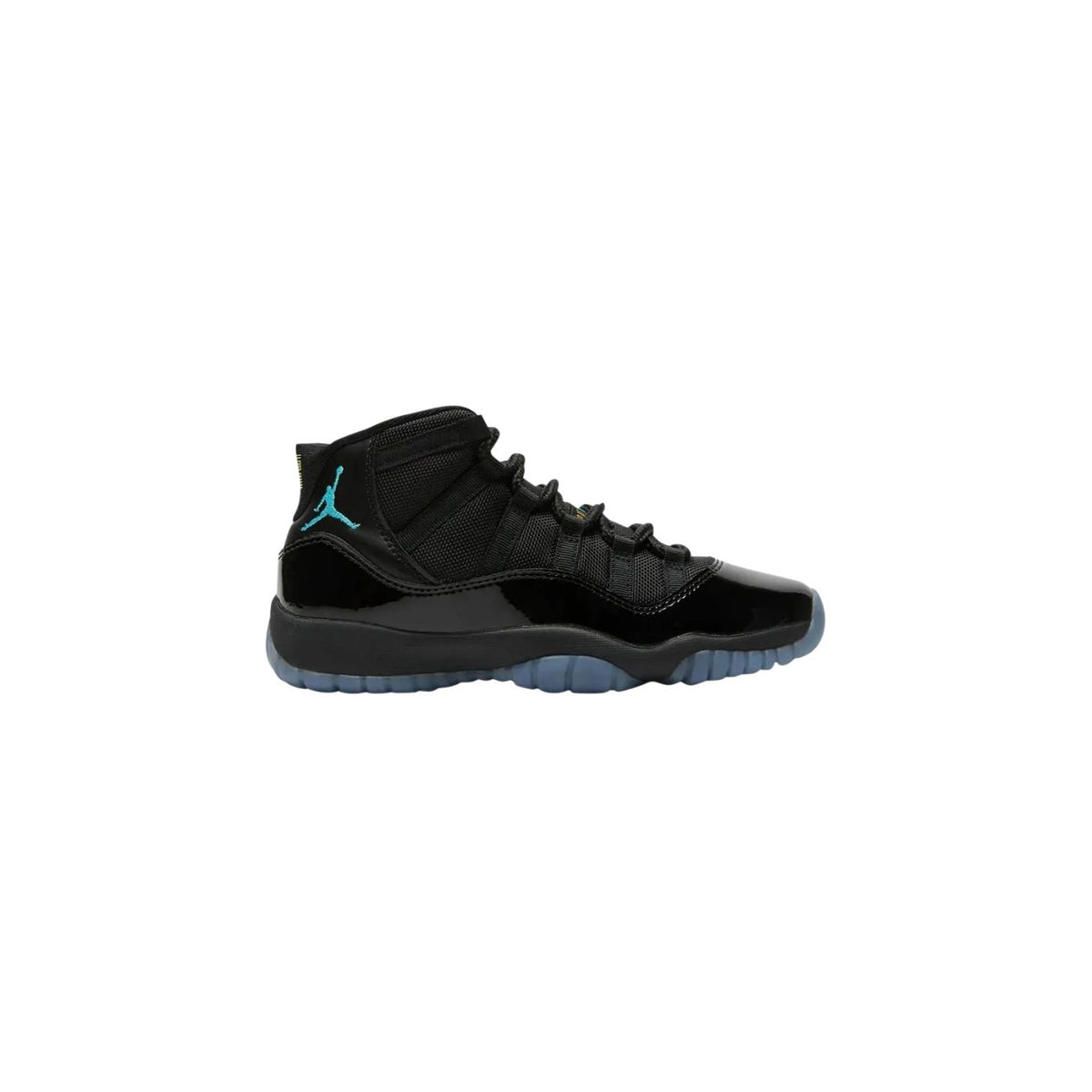 Black Air Jordan 11 Retro GS with shiny patent leather mudguard, blue Jumpman logo, and translucent blue outsole.
