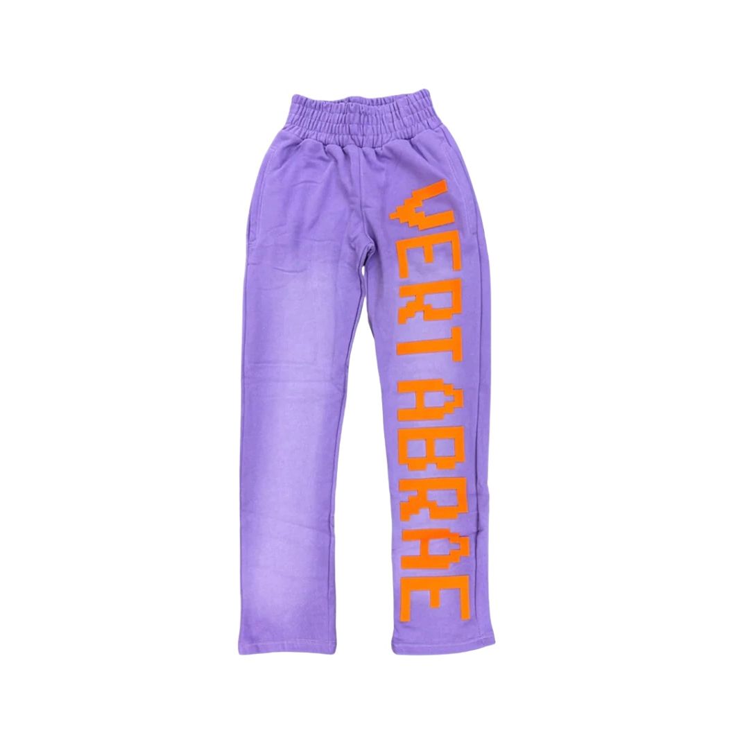 Purple VERTABRAE sweatpants with orange pixelated "VERTABRAE" text vertically on the left leg, elastic waist.