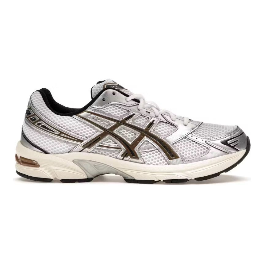 ASICS Gel-1130 running shoe: white mesh, metallic silver & bronze "Clay Canyon" accents, signature stripes, cream midsole.