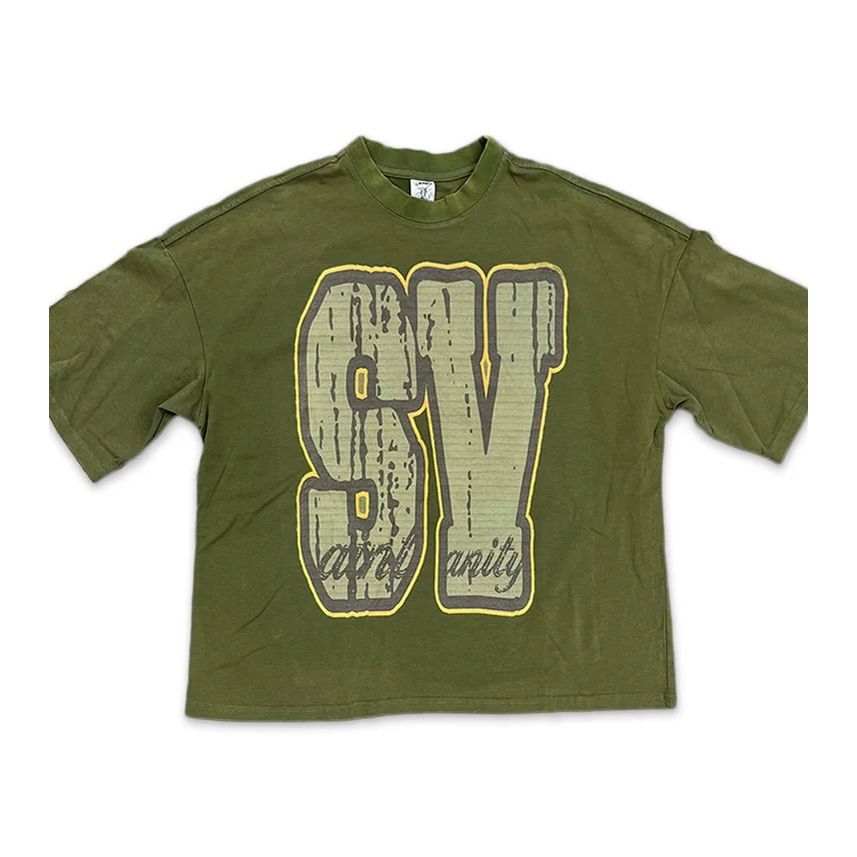 Olive green SV Tee with large, distressed "SV" in dark olive and "saint vanity" text, all outlined in gold.