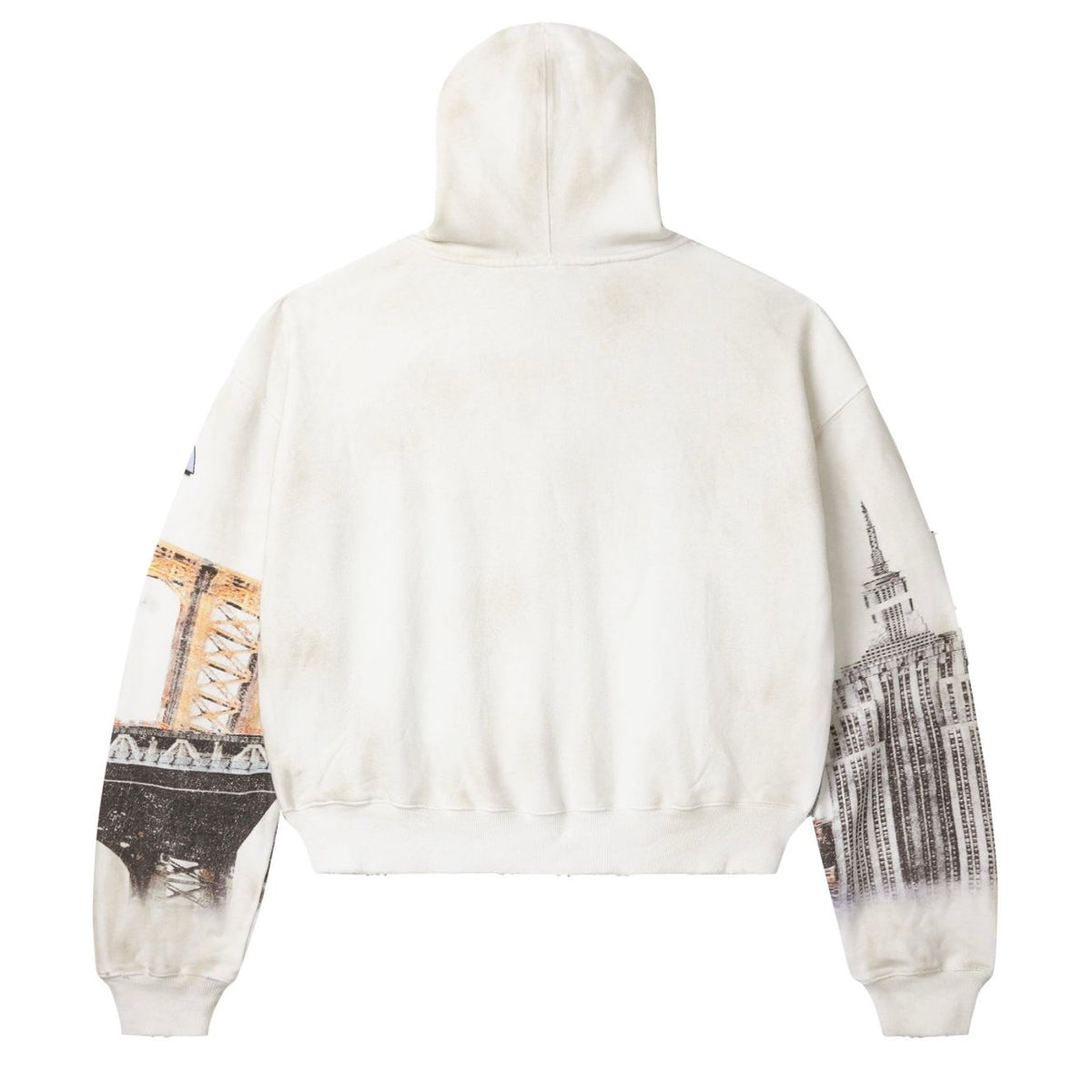 Vale Forever white distressed zip-up hoodie (back). NYC bridge on left sleeve, NYC skyscraper on right sleeve.