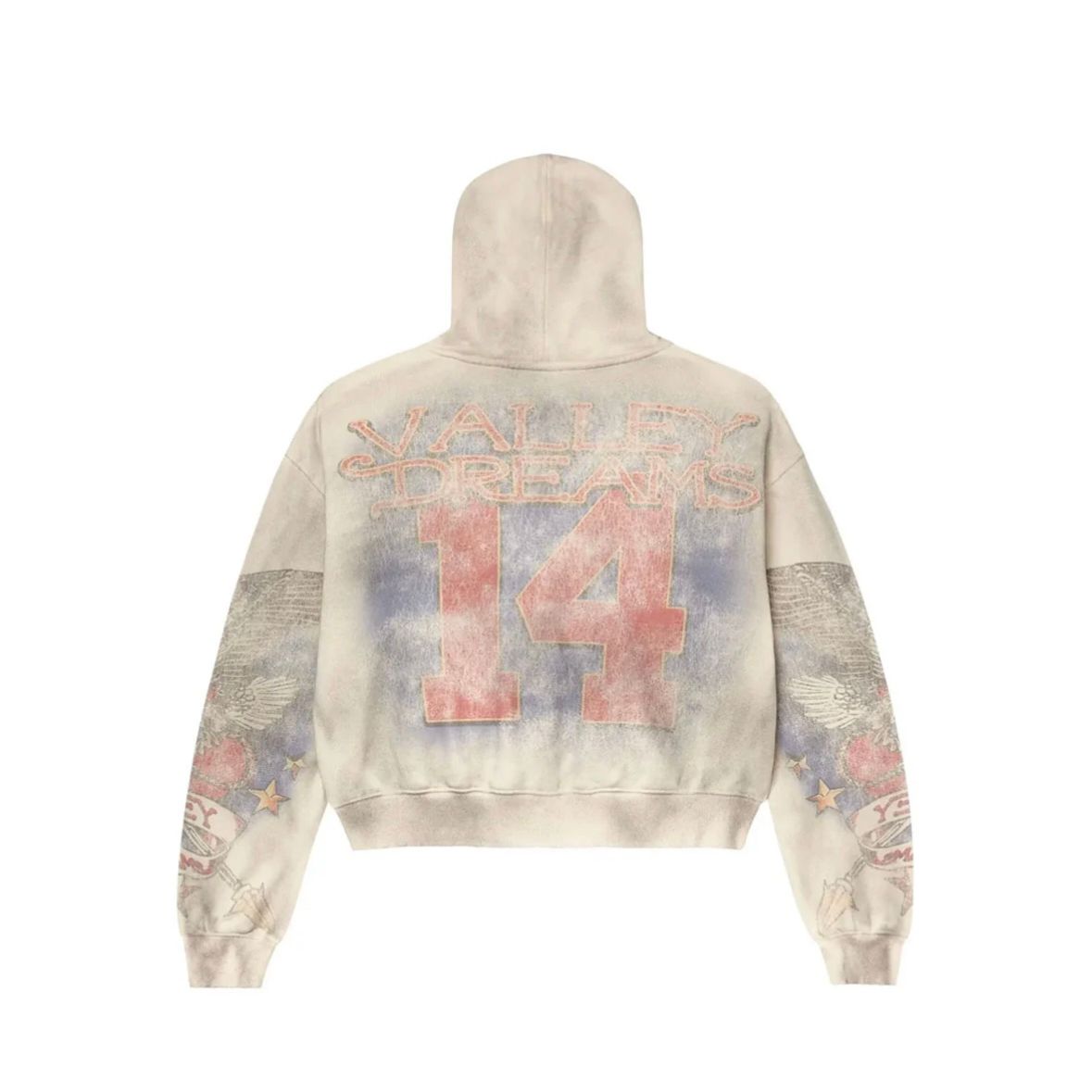 Distressed white hoodie, back has faded red/blue 'VALLEY DREAMS 14', plus eagle & star sleeve graphics.