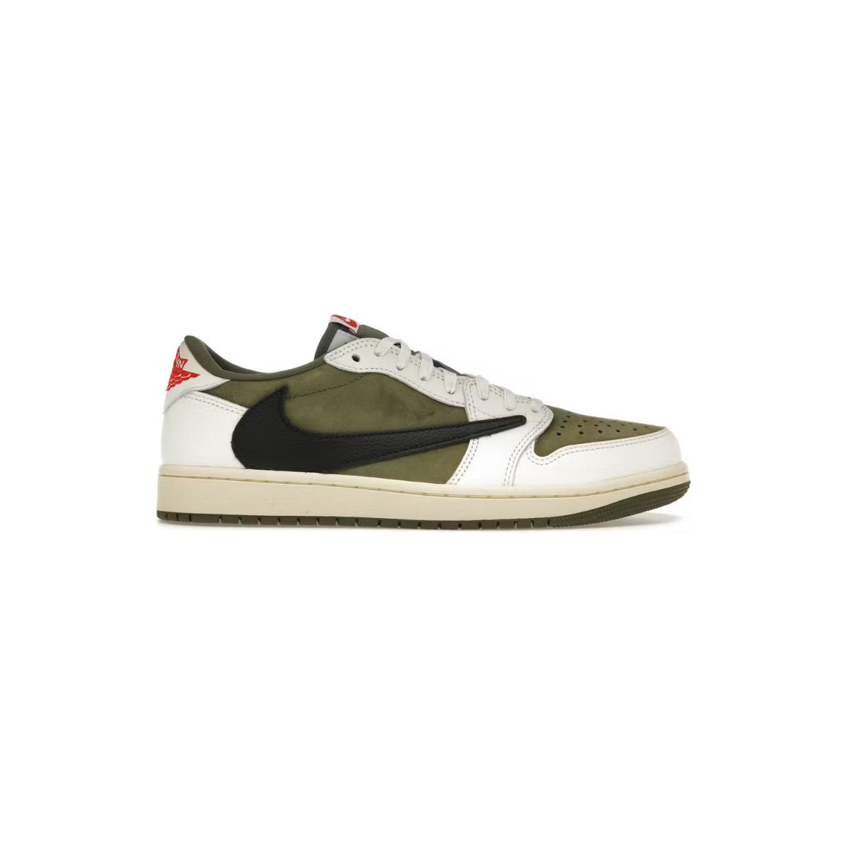 Air Jordan 1 Low Travis Scott "Medium Olive" sneaker. Olive green suede, white leather, reversed black Swoosh, red branding.