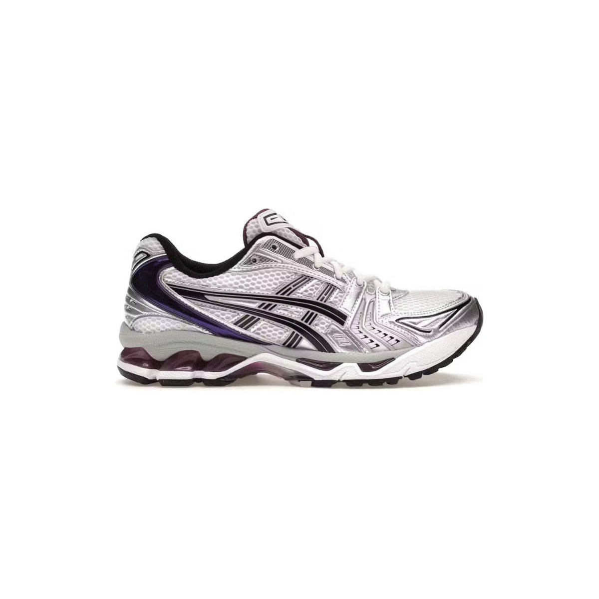ASICS Gel-Kayano 14 sneaker with silver mesh, metallic silver overlays, and grape purple accents. White midsole, black outsole.