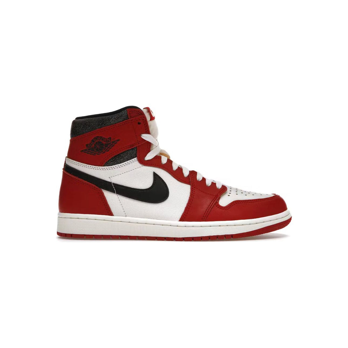 Air Jordan 1 High OG "Lost & Found" sneaker. Red, white & black leather, with a black cracked collar, Wings logo, & Swoosh.