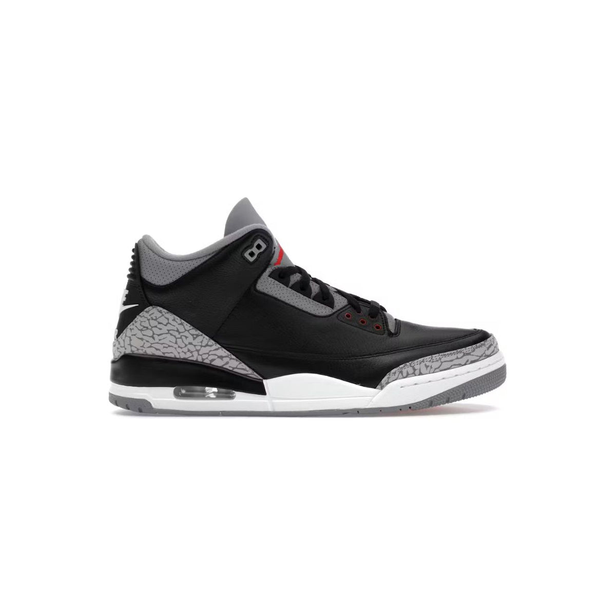 Air Jordan 3 Black Cement. Black leather mid-top with iconic grey elephant print, red Jumpman, and visible Air unit.