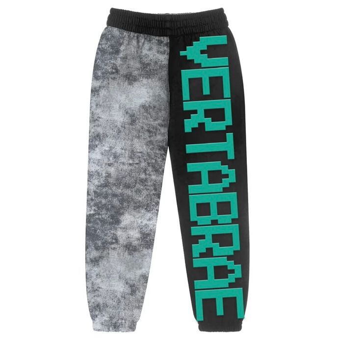 Vertabrae C-1 Split Sweatpants: Left leg mottled grey, right leg black with large vertical pixelated 'VERTABRAE' in mineral mint.
