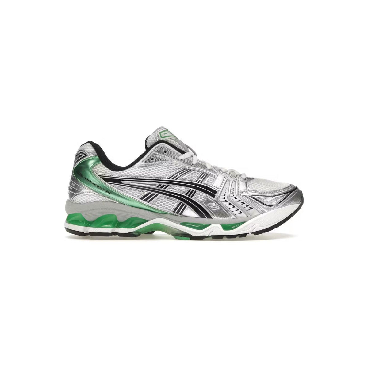 ASICS Gel-Kayano 14 sneaker, metallic silver upper with black stripes, malachite green heel & midsole, white sole.
