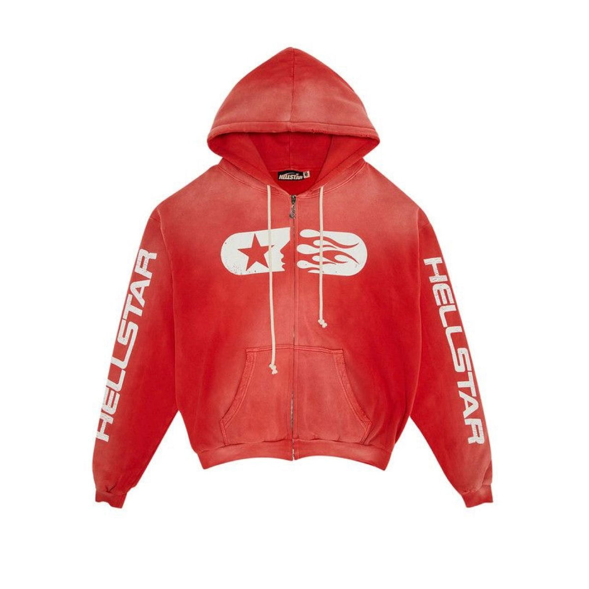 Faded red Hellstar zip hoodie with white star & flames graphic on chest, "HELLSTAR" text vertically on sleeves.
