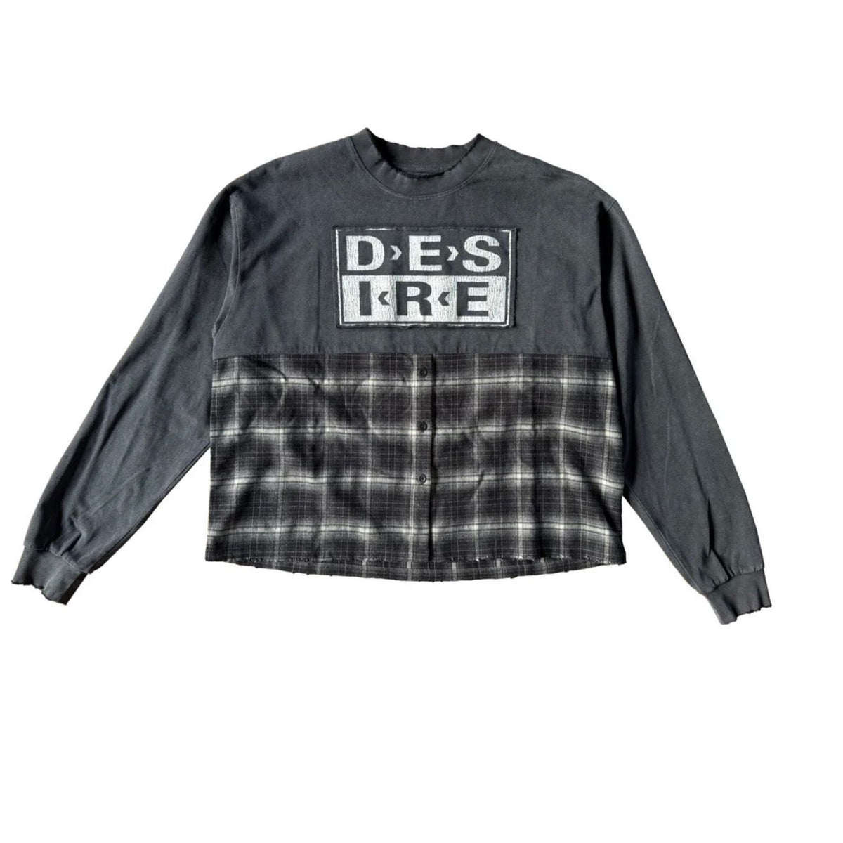 Washed gray Bottega Desires hybrid long-sleeve tee. Top features "DESIRE" patch; bottom is gray plaid flannel with buttons.