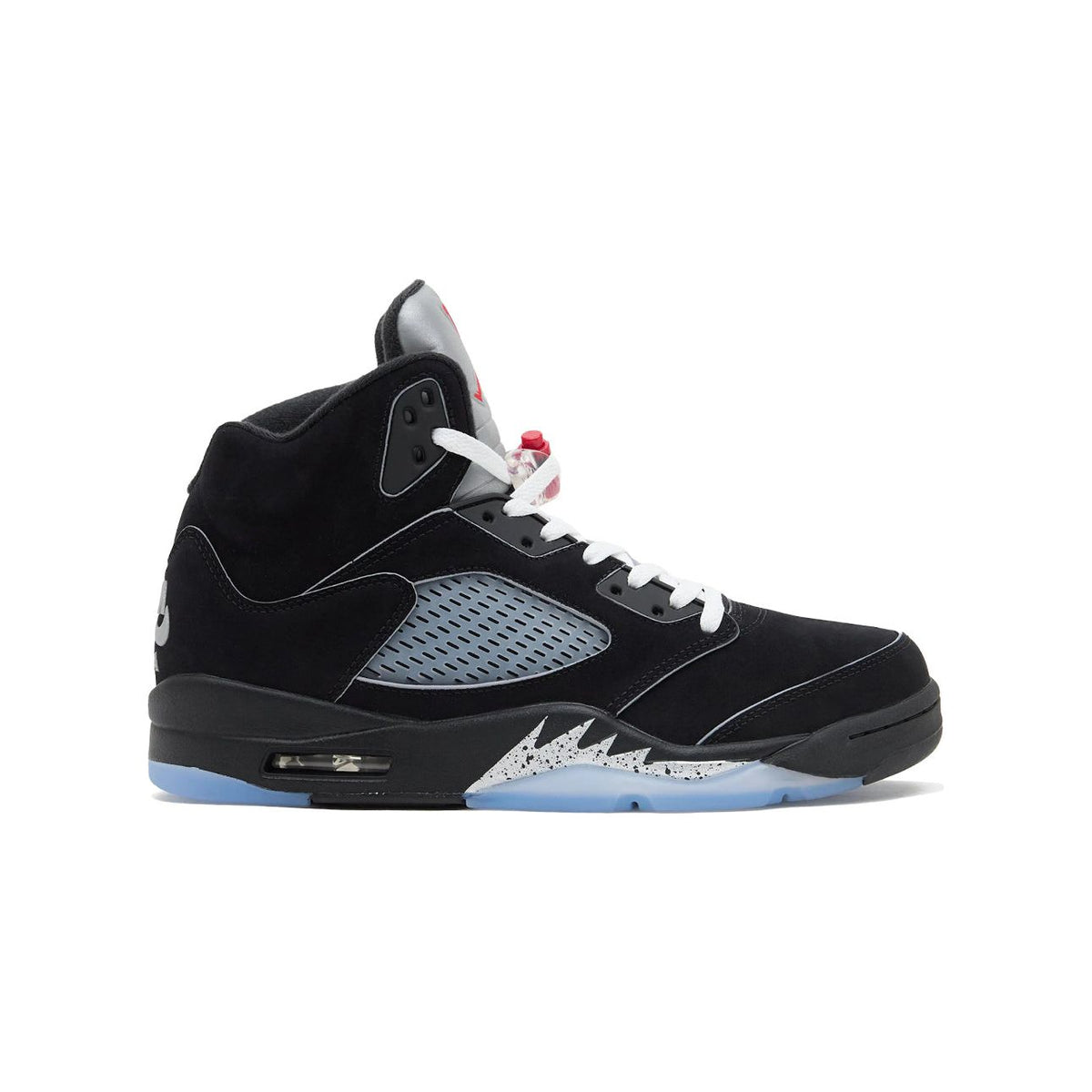 Black Air Jordan 5 Retro with metallic silver tongue, grey side netting, red Jumpman, white laces/shark teeth, and icy blue sole.