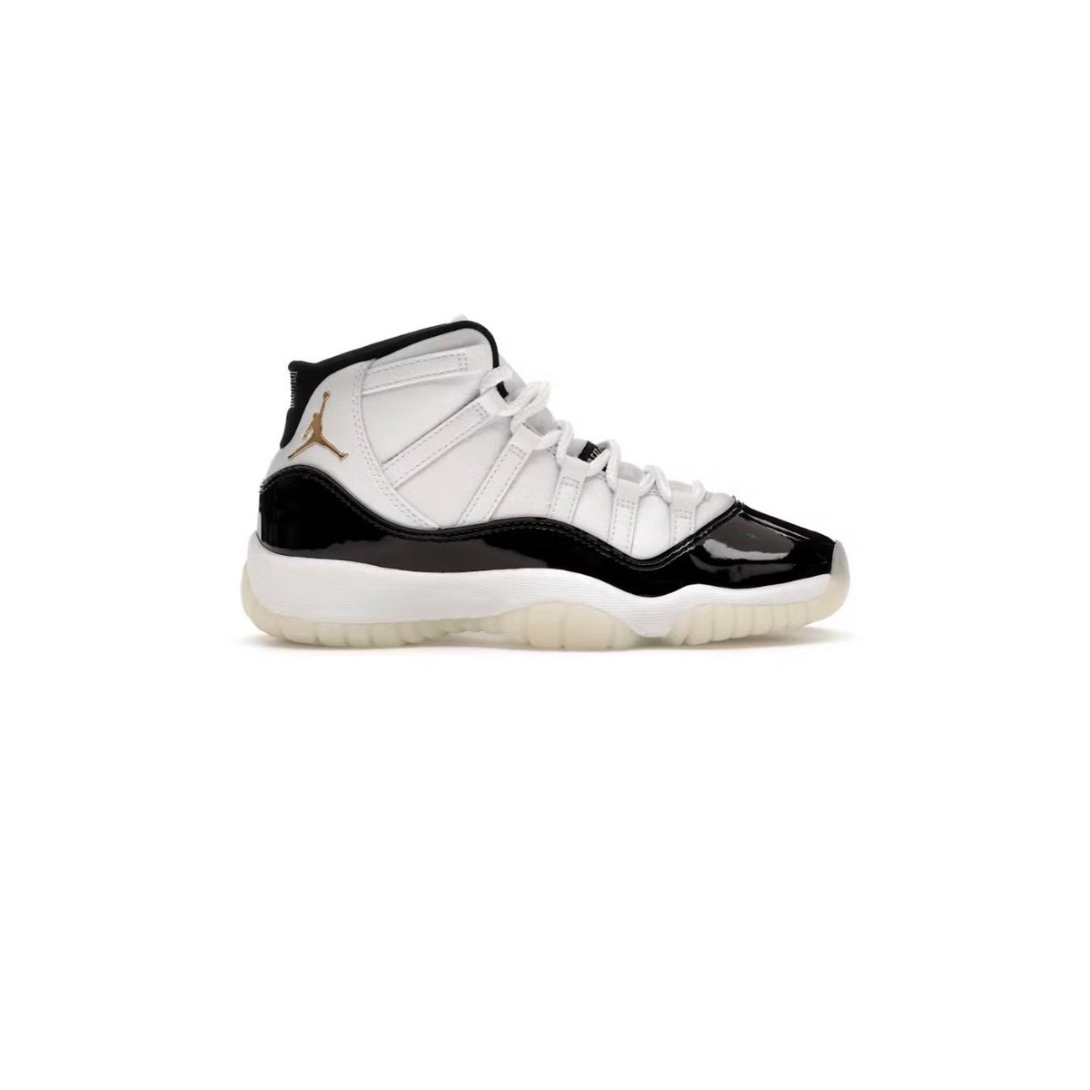 Air Jordan 11 Retro high-top sneaker. White upper, black patent leather mudguard, gold Jumpman logo, translucent outsole.