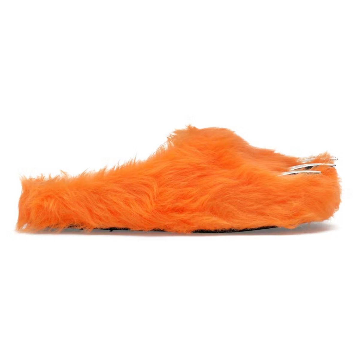 Bright orange furry mule with two shiny silver claws protruding from the toe.