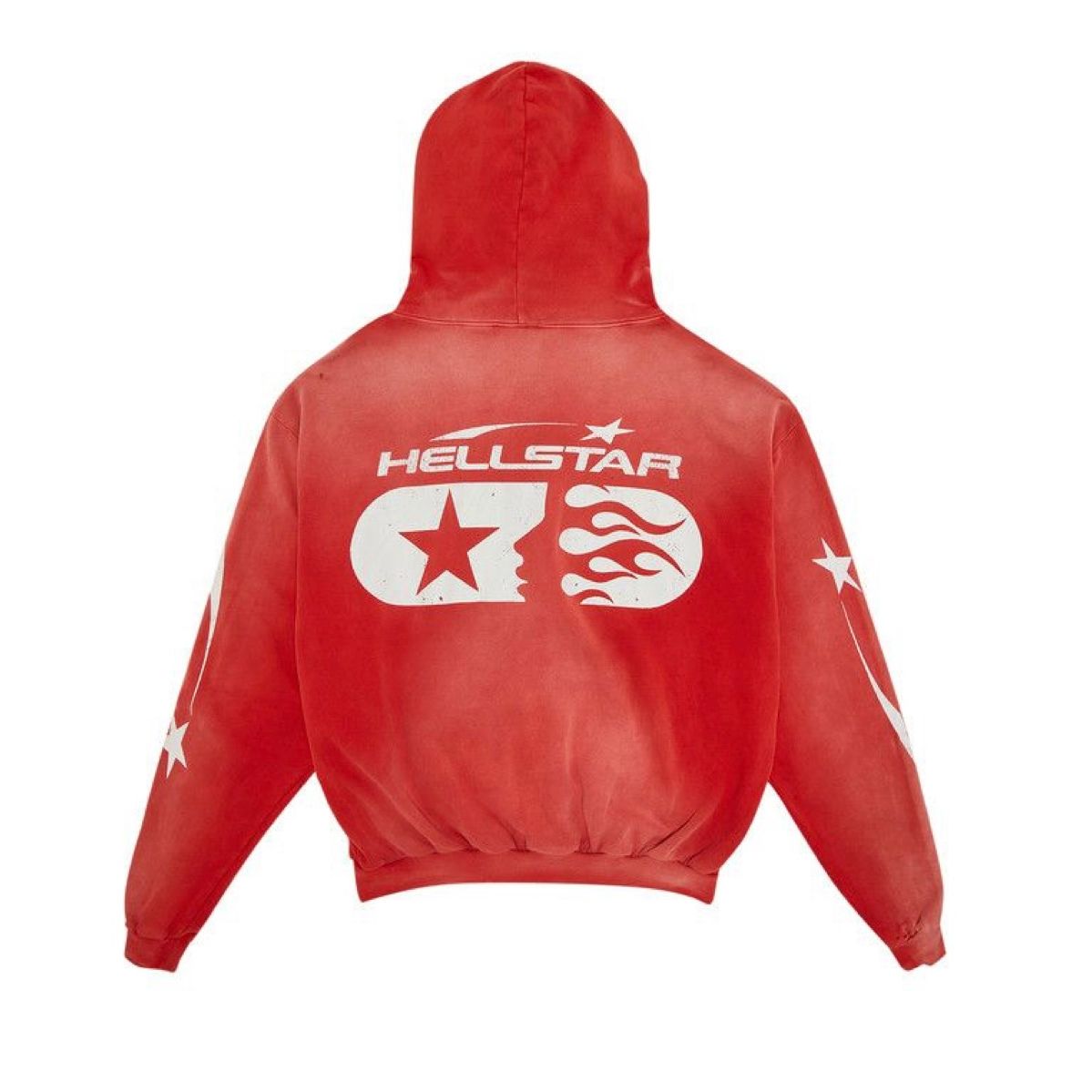 Hellstar Studios red hoodie with large white graphic on back: 'HELLSTAR' over capsule with star and flames. White stars on sleeves.