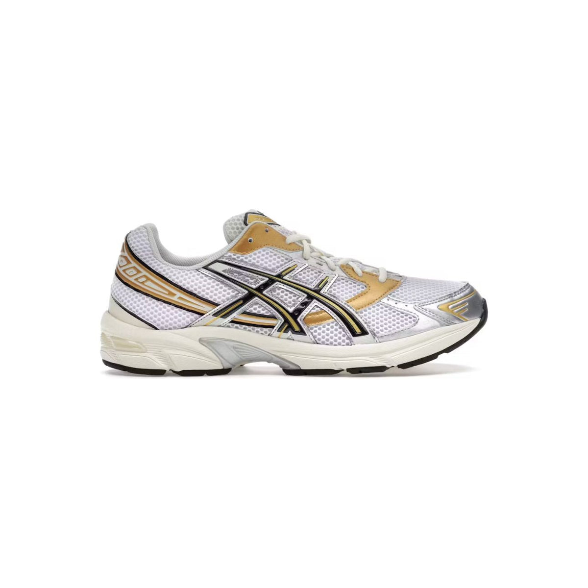 ASICS Gel-1130 sneaker. White mesh upper with black & gold stripes, silver metallic overlays, and cream midsole.