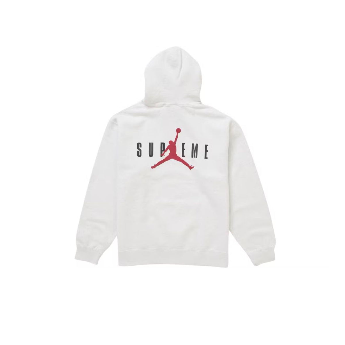Ash Grey Supreme Jordan hoodie. Red Jumpman logo replaces 'RE' in black 'SUPREME' text on back.