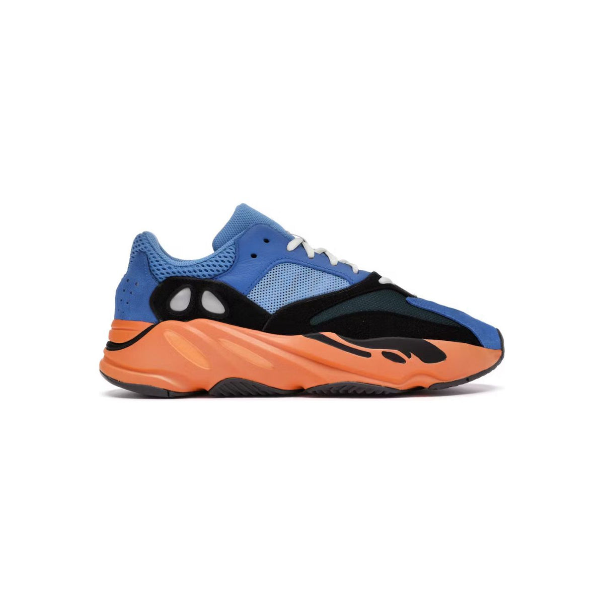 Adidas Yeezy Boost 700. Bright blue, black & teal upper with light blue mesh; chunky orange Boost midsole and white laces.