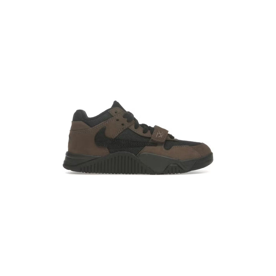Jumpman Jack TR PS: Dark brown & black mid-top trainer with black Swoosh, Velcro strap with logo, and ribbed black sole.
