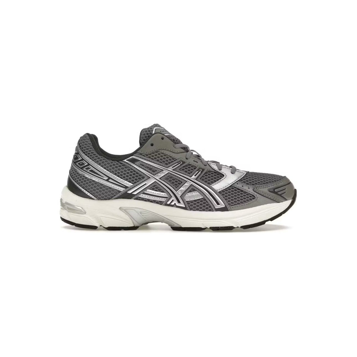 ASICS Gel-1130 running shoe: clay grey mesh upper, pure silver metallic stripes, white cushioned midsole, and black outsole.