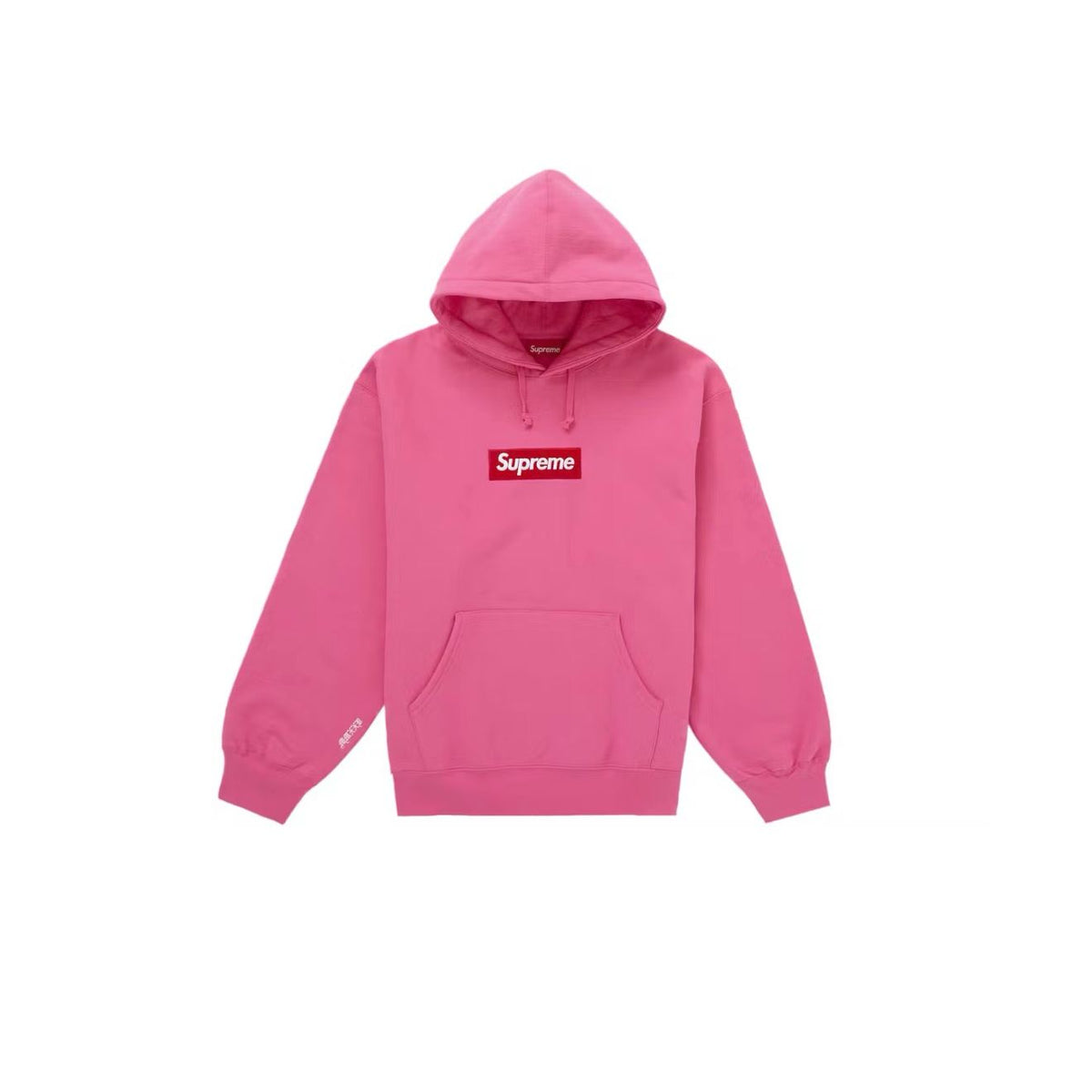 Magenta Supreme Box Logo Hooded Sweatshirt with a red box logo and white text on the chest and a kangaroo pocket.