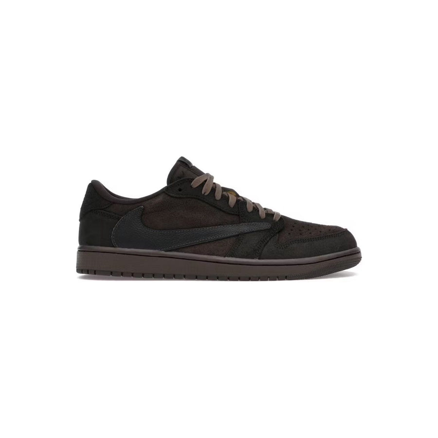 Air Jordan 1 Low Travis Scott Velvet Brown sneaker. Dark brown suede, signature reverse tonal dark brown Swoosh, tonal laces.