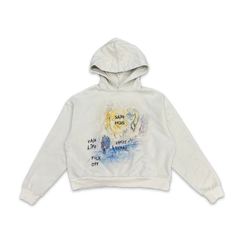 Cream Saint Vanity "F*ck off" hoodie. Features "SAINT THIAS" sun, "VAIN LIFE FUCK OFF" text, and abstract colorful graphics.
