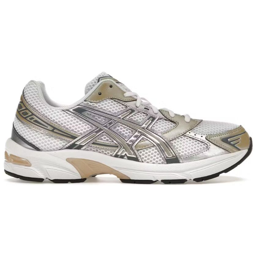 ASICS Gel-1130 'Wood Crepe' running shoe. White mesh upper, metallic silver stripes, and tan accents on a white sole.