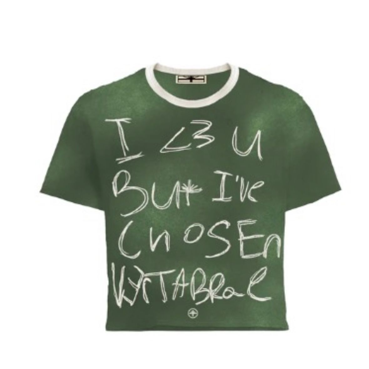 Green Vertabrae Drawn Tee with white ringer collar. Text: "I <3 U BUT I'VE CHOSEN VRTABRAE".
