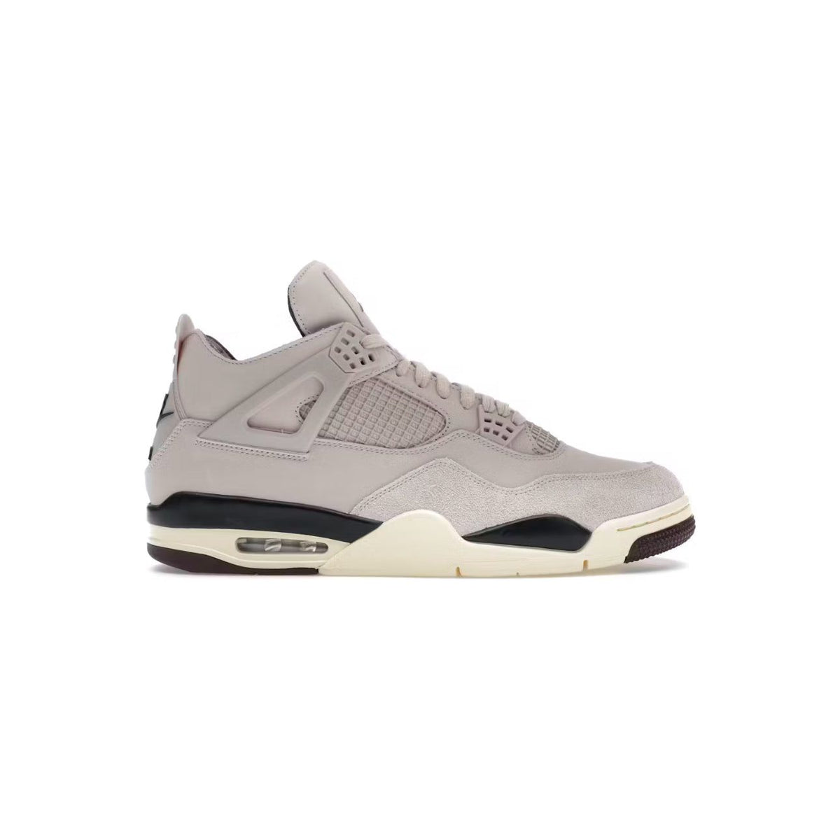 Air Jordan 4 A Ma Maniere WYWS sneaker. Taupe suede & leather upper with mesh, cream midsole, black stripe, visible Air unit.