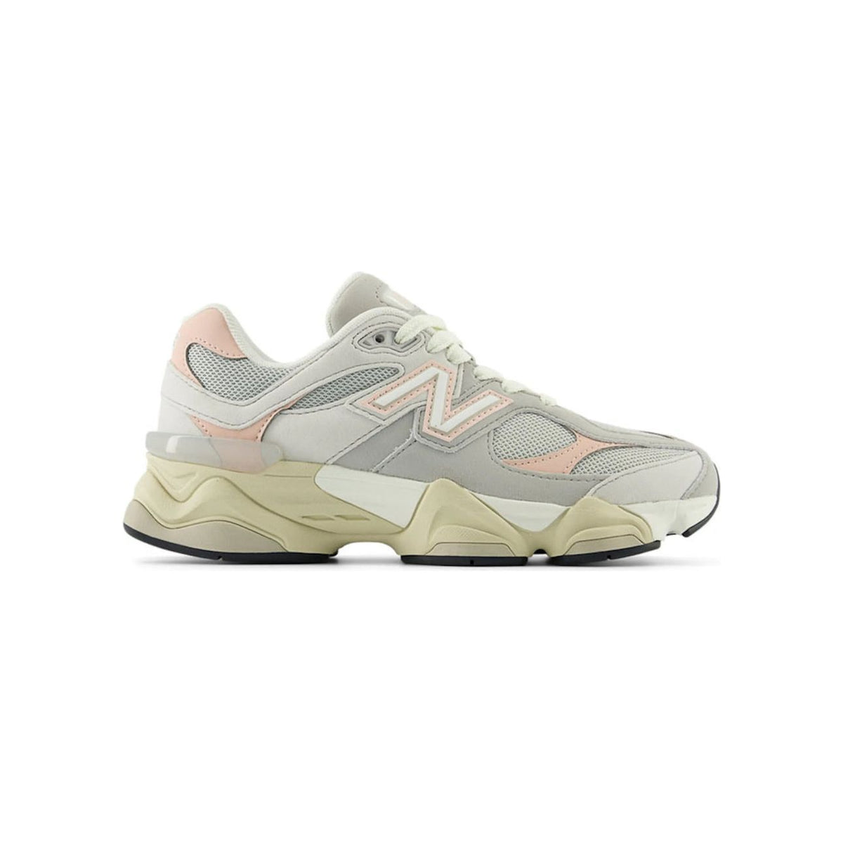 New Balance 9060 grey & cream mesh/suede sneaker with pink accents, N logo, and chunky, wavy sole.