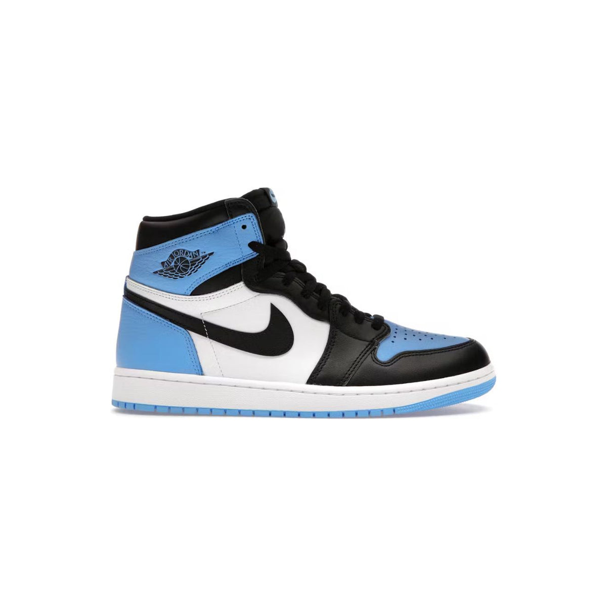 Air Jordan 1 Retro high-top sneaker in black, white, and light blue. Features include a light blue toe box, black Swoosh, and white midsole.