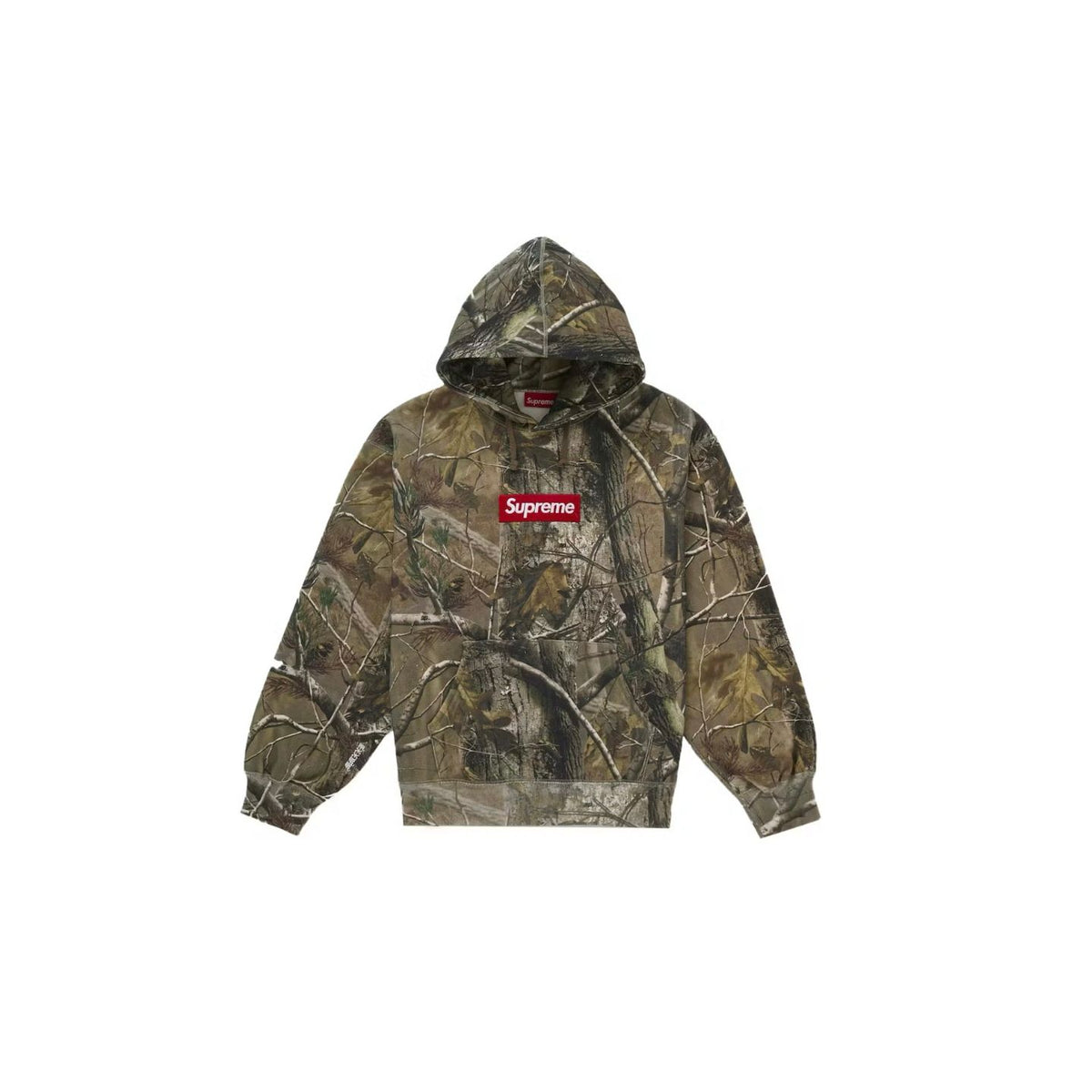 Supreme Box Logo Hooded Sweatshirt in RealTree camo. Features a red Supreme box logo on the chest, a hood, and a kangaroo pocket.