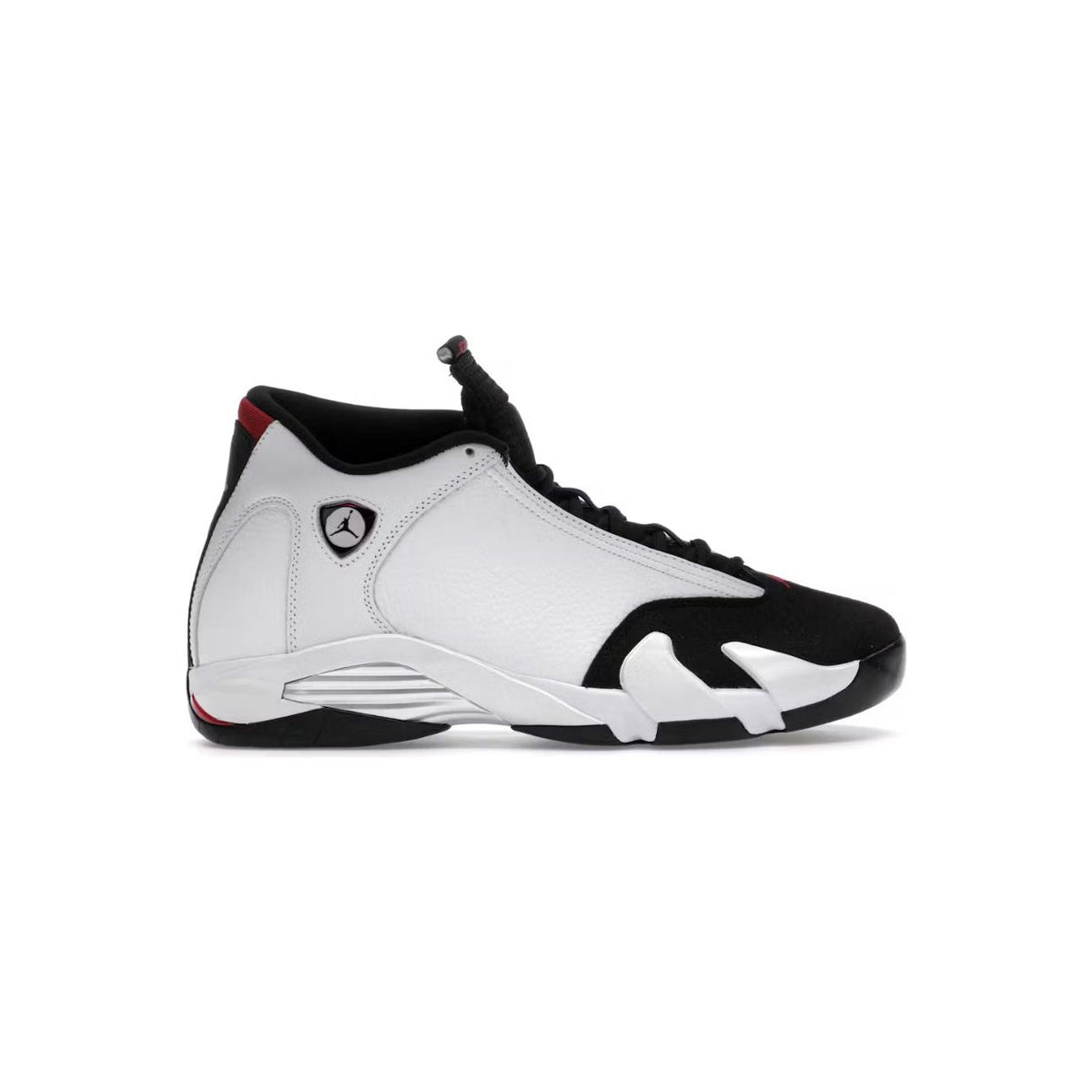Air Jordan 14 "Black Toe" mid-top sneaker: White leather upper, black suede toe/midfoot, red accents, Jumpman shield logo.