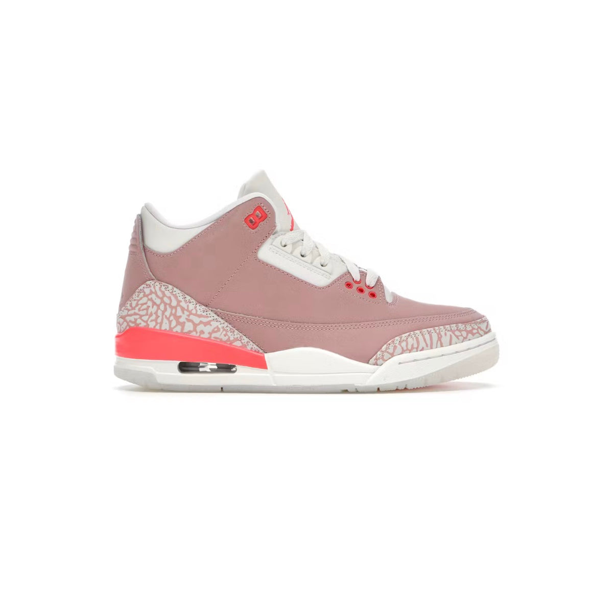 Air Jordan 3 Retro Rust Pink mid-top sneaker with elephant print, white laces, red accents, and visible air unit.
