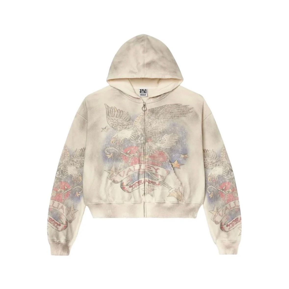 Cropped Vale Forever distressed white zip-up hoodie with faded eagle, 'VALE FOREVER' banner, roses, stars on front & sleeves.
