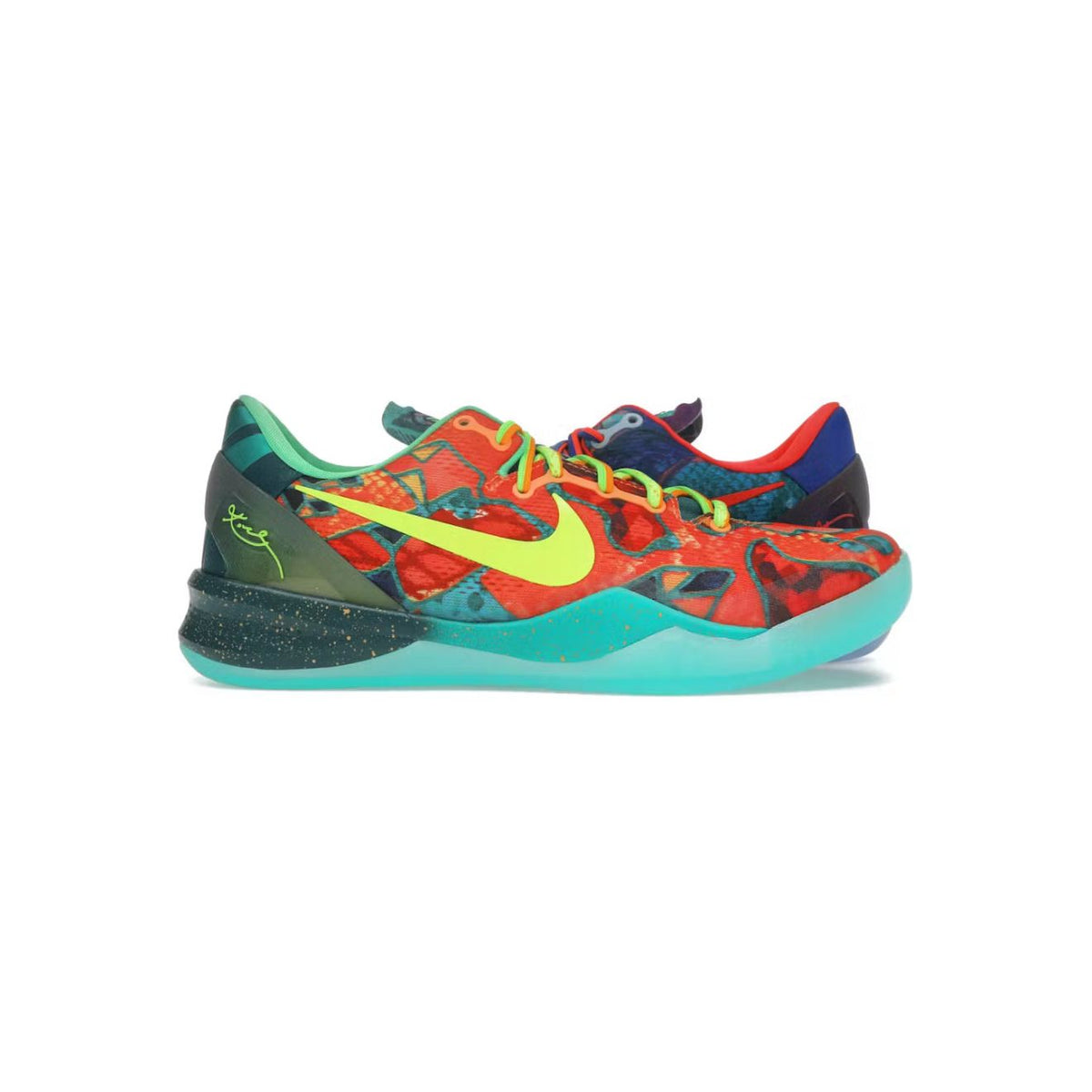 NIKE Kobe 8 Protro. Vibrant, mismatched "What The" colors. Neon green Swoosh, laces, Kobe signature. Speckled dark heel, translucent teal sole.