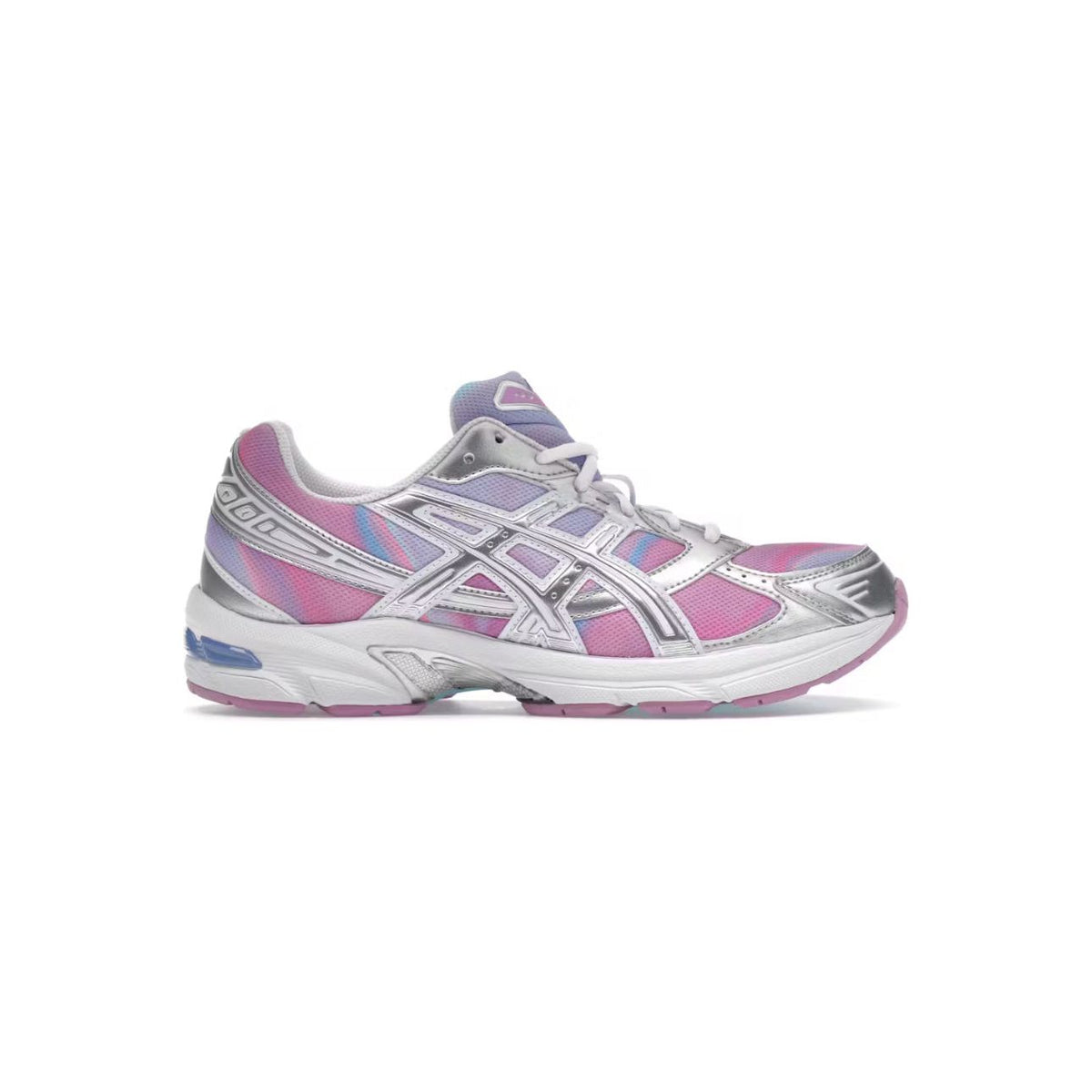 ASICS Gel-1130 sneaker: mesh upper in baby lavender, pink & blue gradient, metallic silver overlays & white sole.