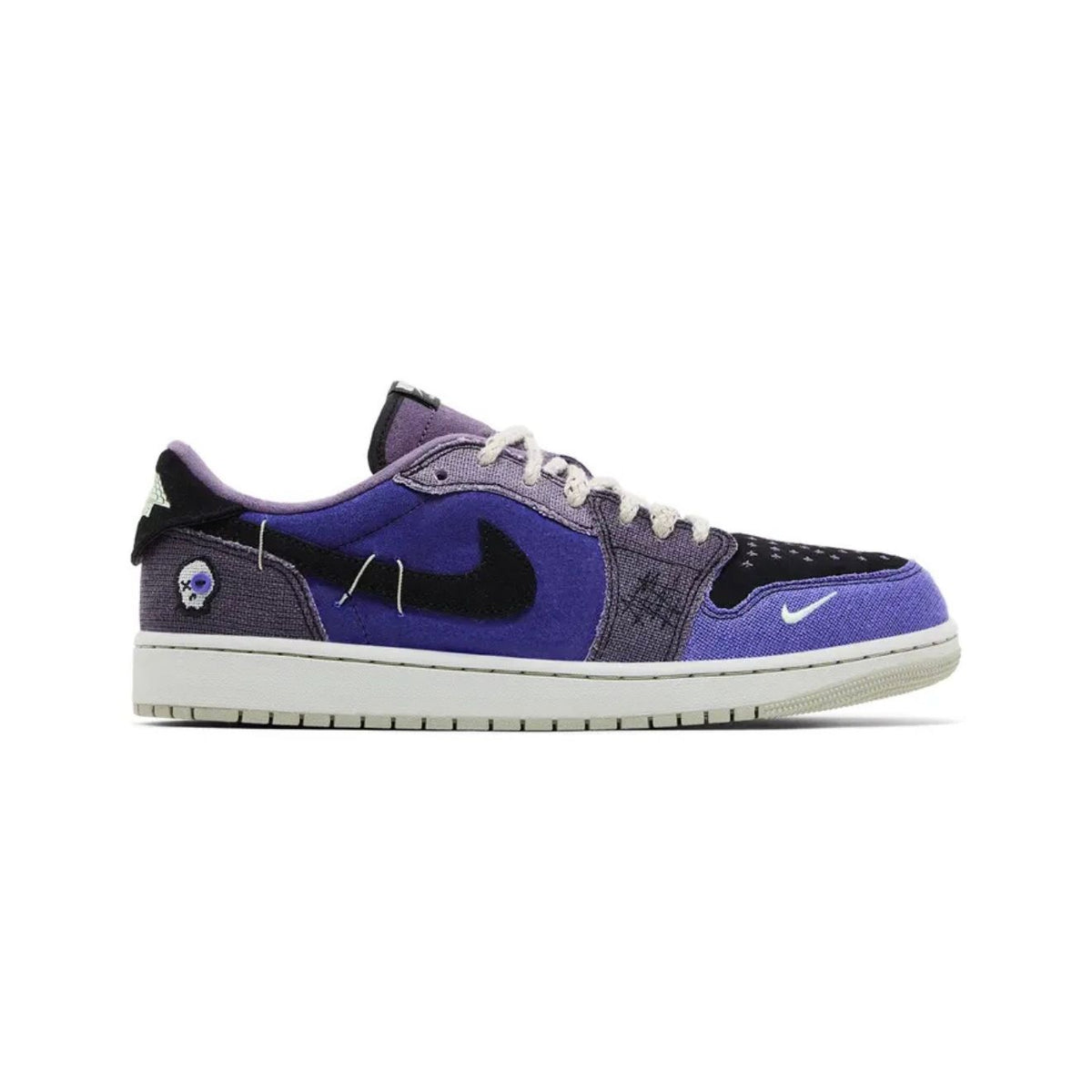 Air Jordan 1 Retro Low OG x Zion Williamson Voodoo Alternate. Purple/black low-top sneaker, exposed stitches, black Swoosh, heel skull.