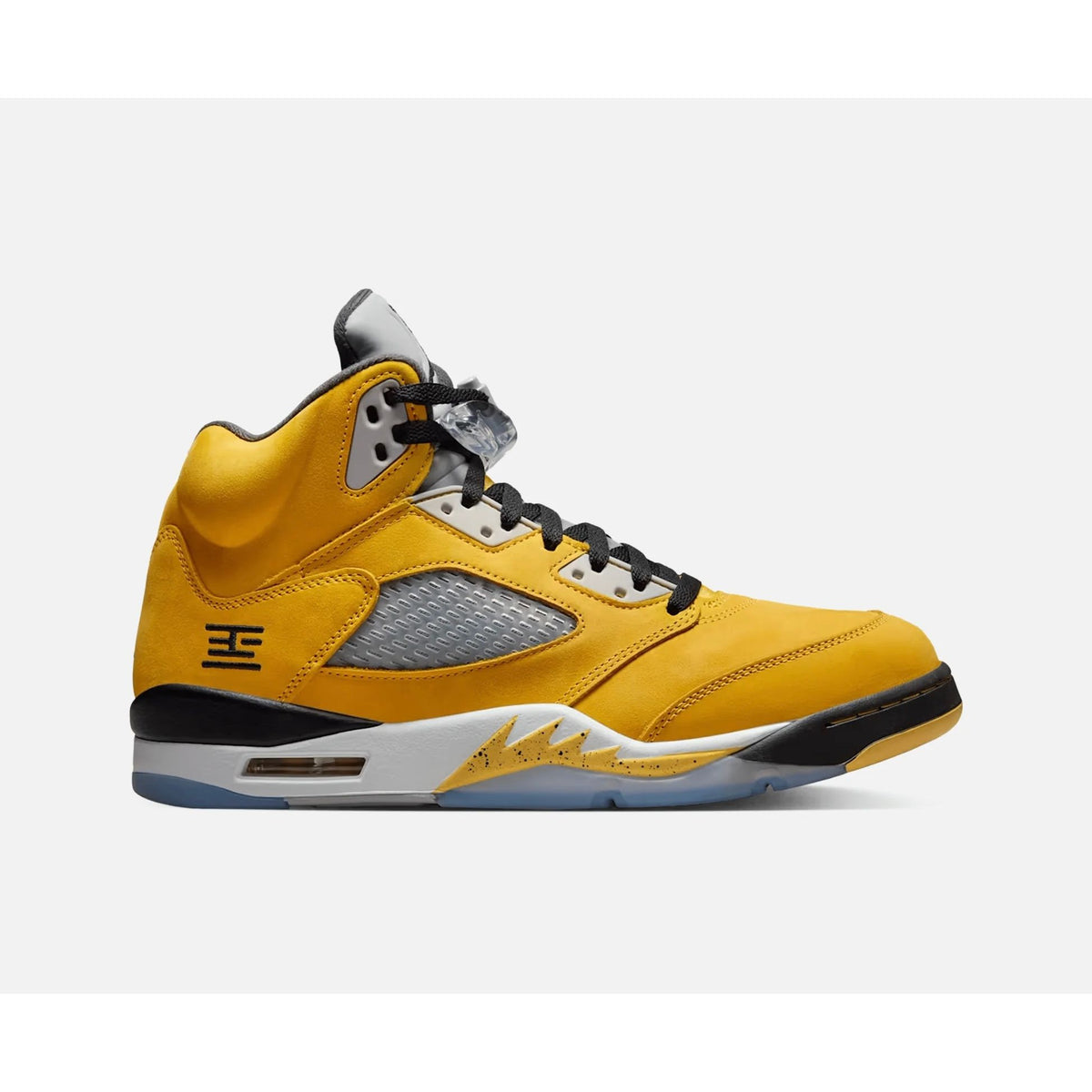 Yellow Air Jordan 5 Retro Tokyo T23 sneaker with grey mesh, black laces, white shark-tooth midsole, T23 logo, icy sole.