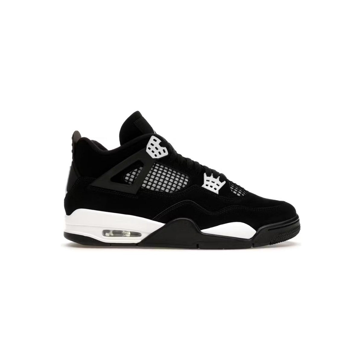 Air Jordan 4 Retro sneaker: black nubuck upper, white mesh panels, lacing wings, and midsole with visible Air unit.