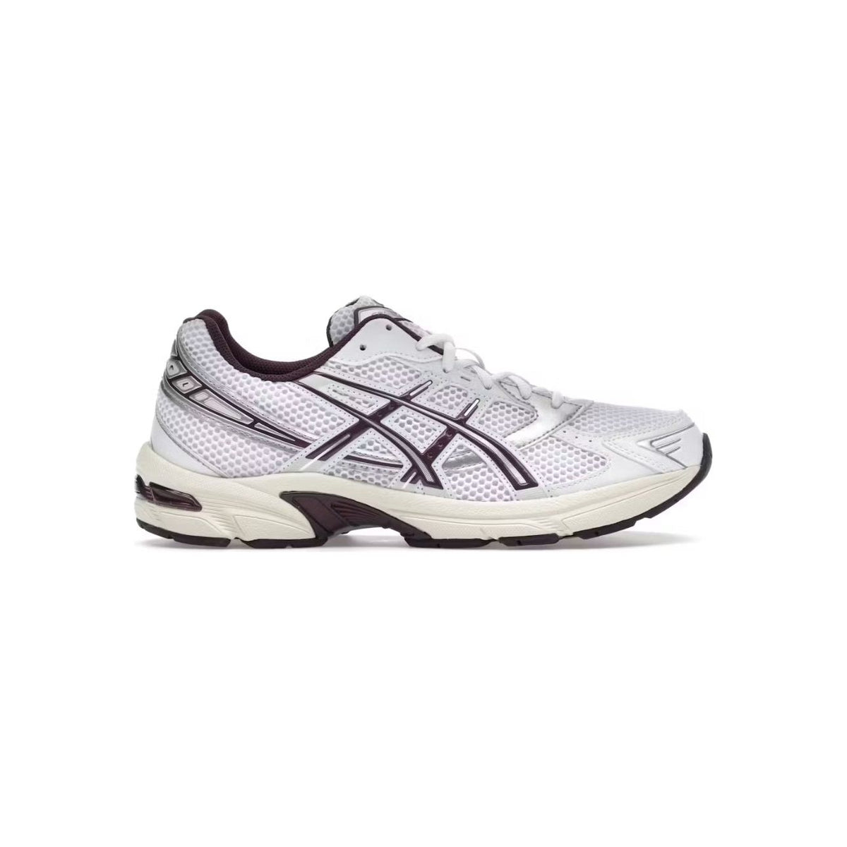 White ASICS Gel-1130 running shoe with deep plum ASICS stripes, collar lining, and sole accents.