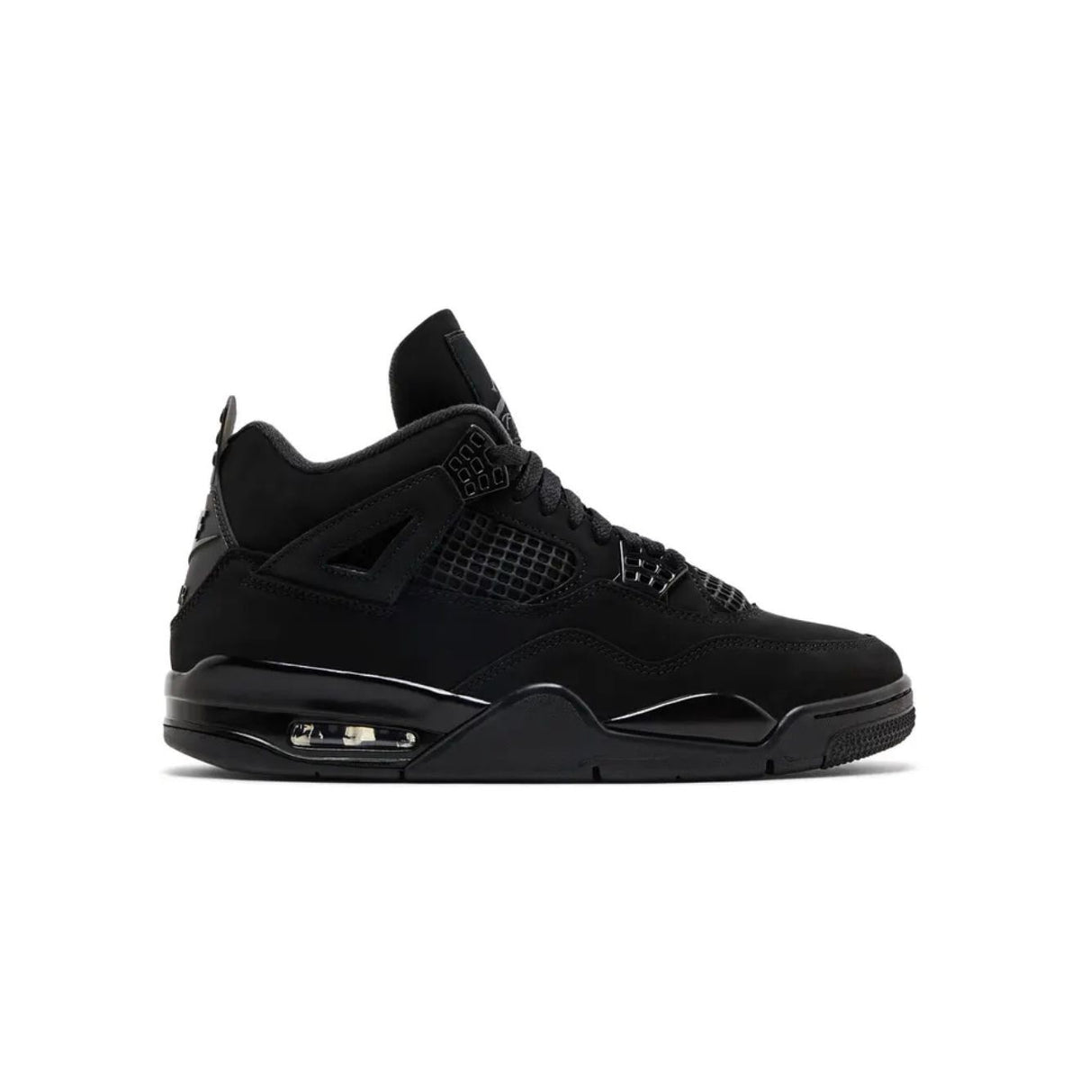 Air Jordan 4 Retro 'Black Cat' sneaker, an all-black high-top with matte nubuck, mesh side panels, and visible Air cushioning.