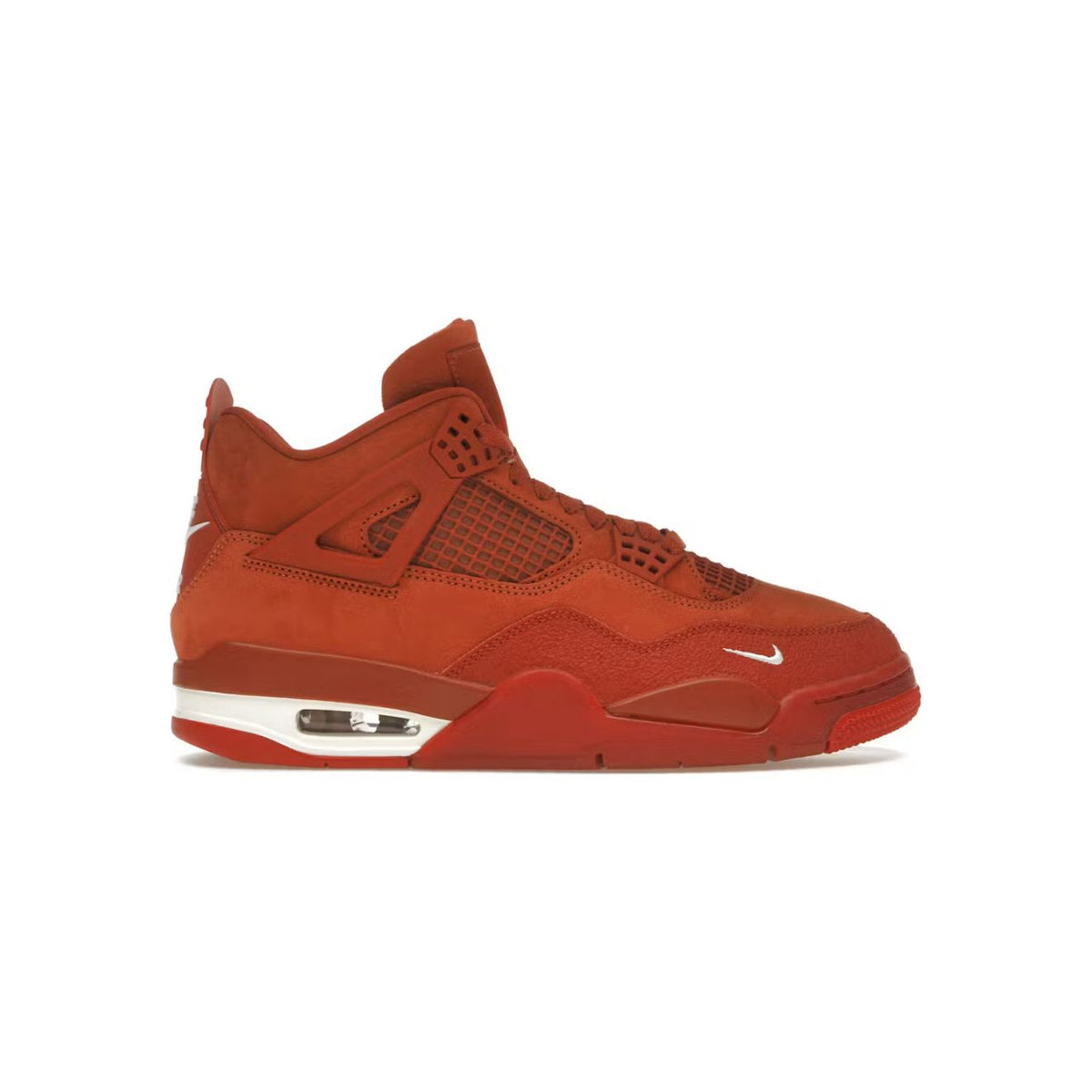 Air Jordan 4 'Brick By Brick' high-top in brick red suede. White Nike Air heel logo, mini toe swoosh, and visible Air unit.