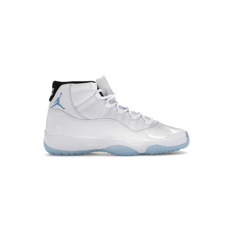 Air Jordan 11 Legend Blue sneakers: white with patent leather mudguard, ballistic mesh, light blue Jumpman, and icy blue sole.