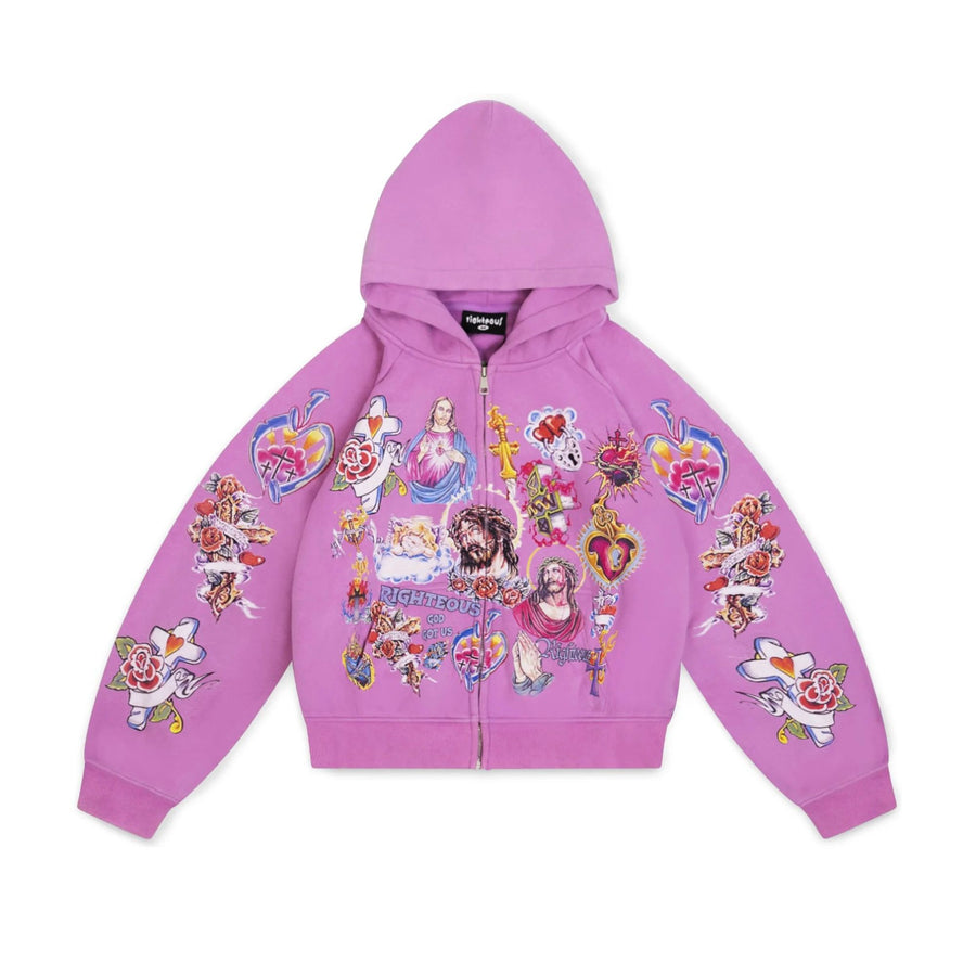Purple We Are Righteous Risen King cropped zip-up hoodie with vibrant religious tattoo graphics: Jesus, crosses, hearts.
