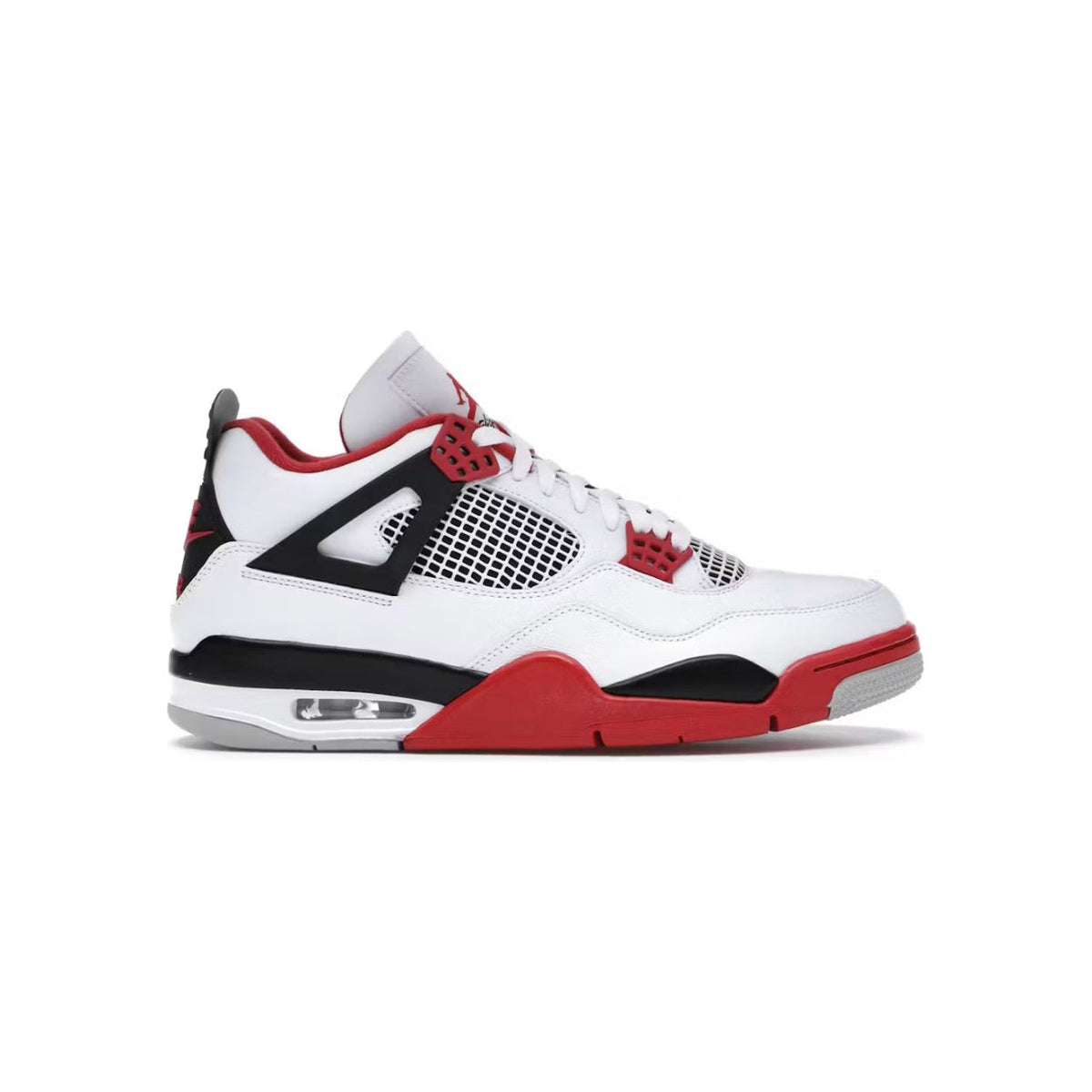 Air Jordan 4 Retro "Fire Red" sneaker. White leather with red midsole, eyelets, and tongue Jumpman. Black mesh, wings & heel tab.