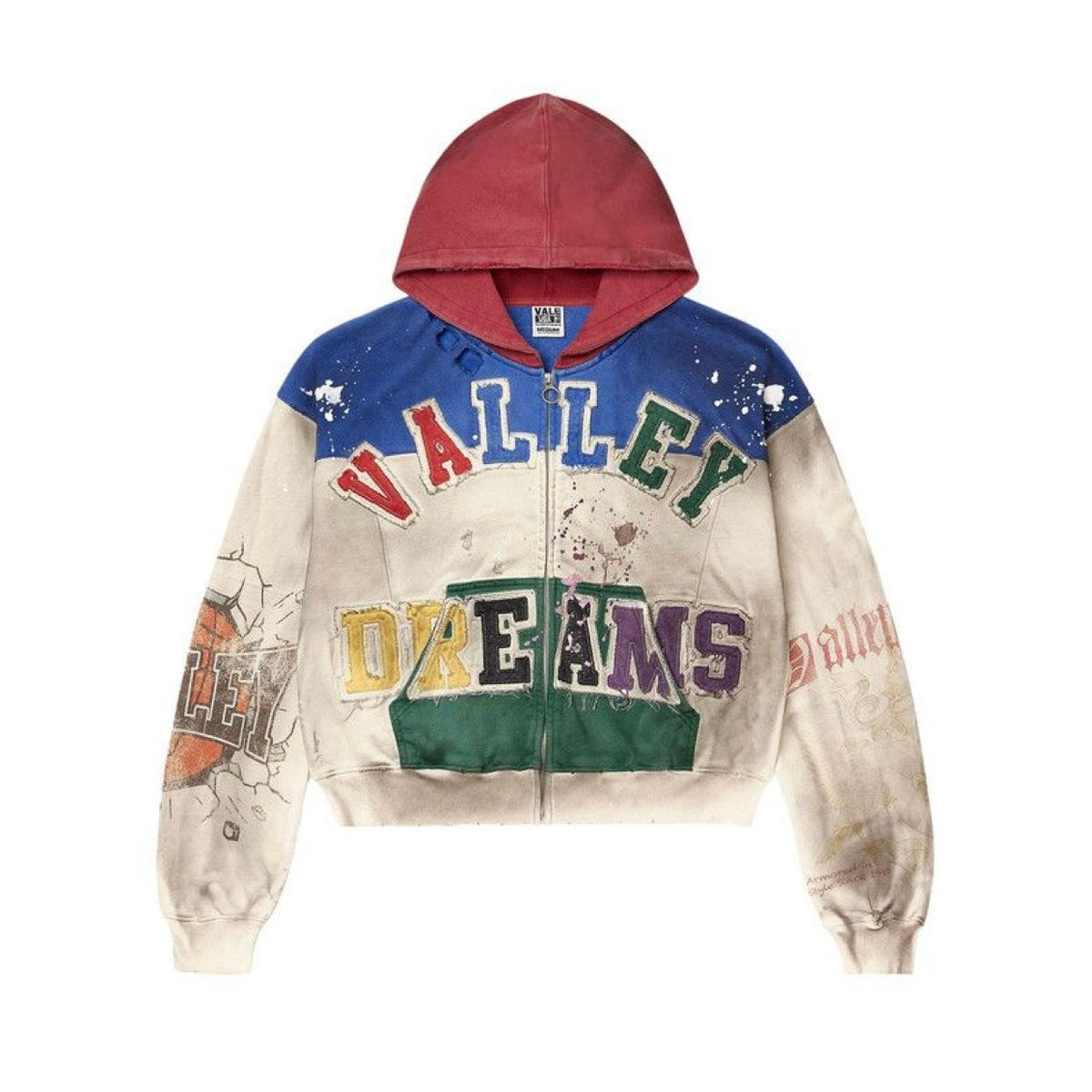 Vale Forever Wonderland cream distressed zip-up hoodie with red hood, blue shoulders, multi-color 'VALLEY DREAMS' applique, paint splatters.