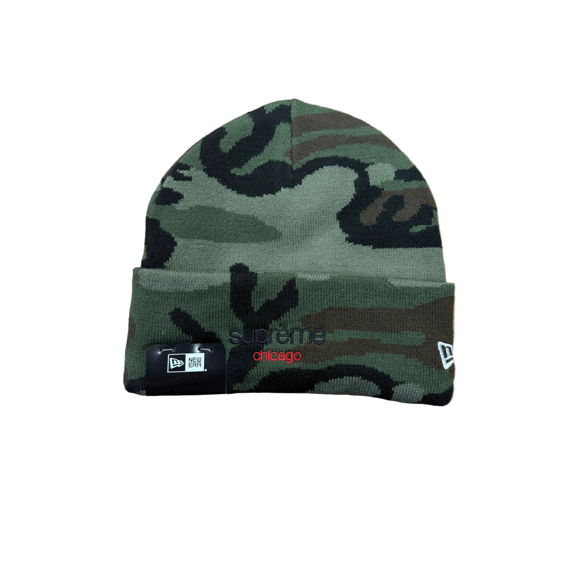 Supreme x New Era Chicago beanie in green, black, brown camo. Features black Supreme, red Chicago embroidery & New Era logos.